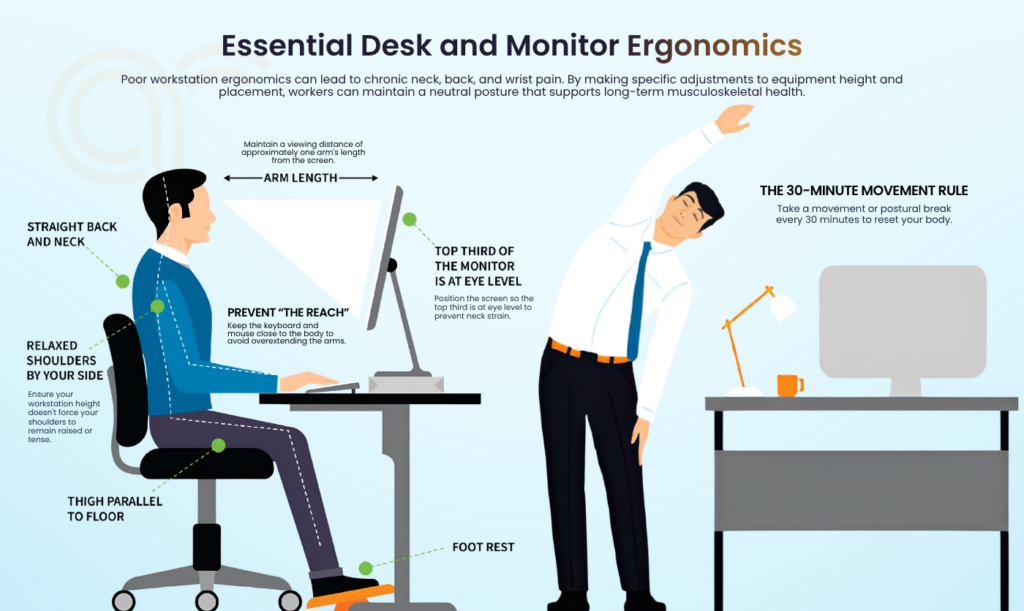 A side-by-side illustration of correct seated posture with aligned spine and monitor at eye level next to a person performing a standing stretch to promote regular movement.