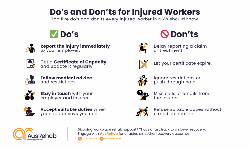 A quick-reference workers' comp do’s and don'ts infographic for injured workers navigating NSW claims.